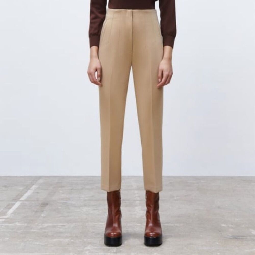ZARA High Waisted Ankle Trousers Tan Medium